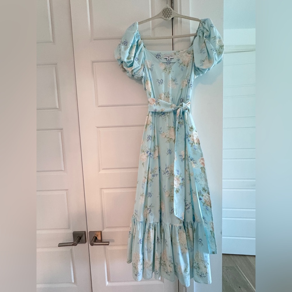 LoveShackFancy Blue Floral Dress with Puff Sleeves size 2